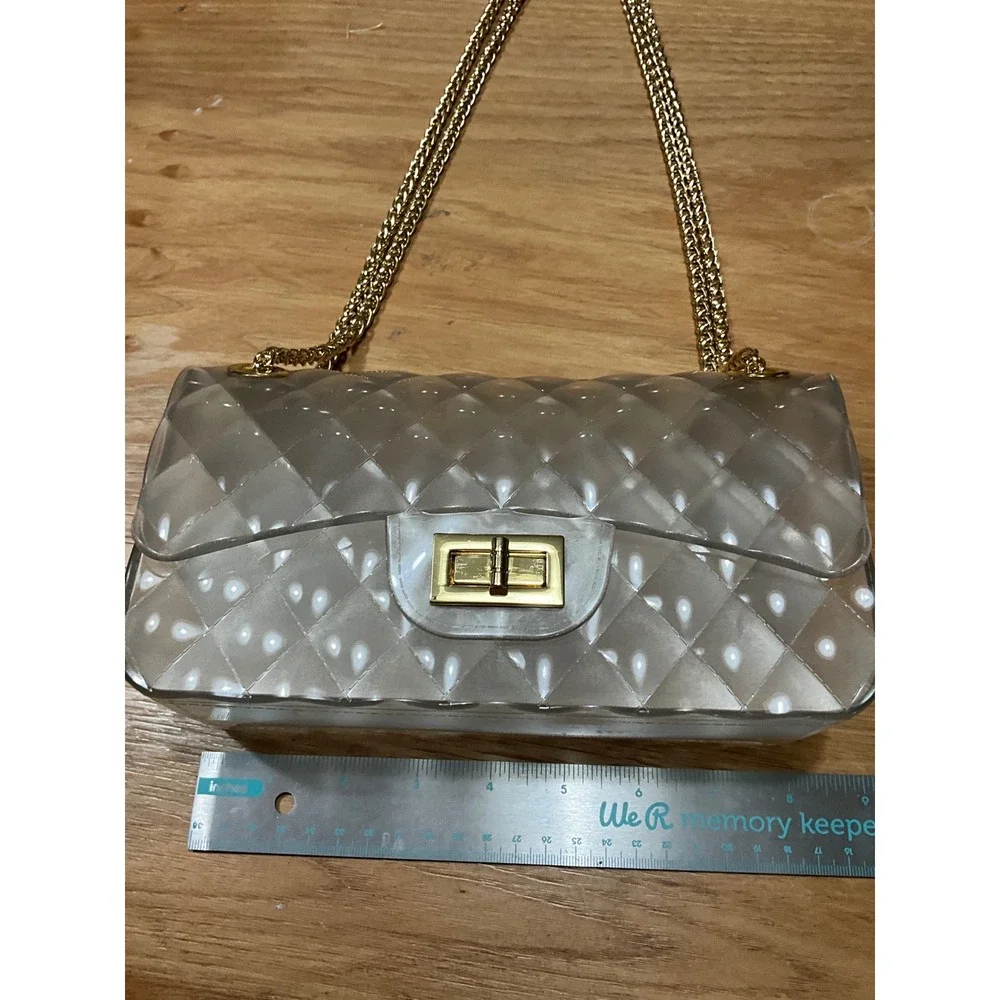 Clear Jelly Quilted Shoulder Bag Gold Chain Strap Smoke Grey PVC Crossbody